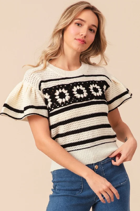 BiBi Granny Square Short Sleeve Striped Sweater Hooded Caped Shawl Collar