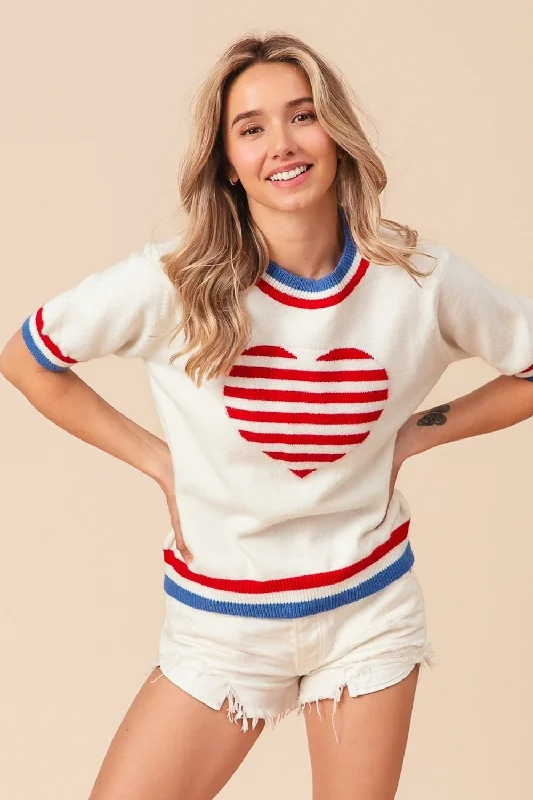 BiBi US Flag Theme Striped Heart Sweater Notch Collar Peter Pan Collar Cowl Neck