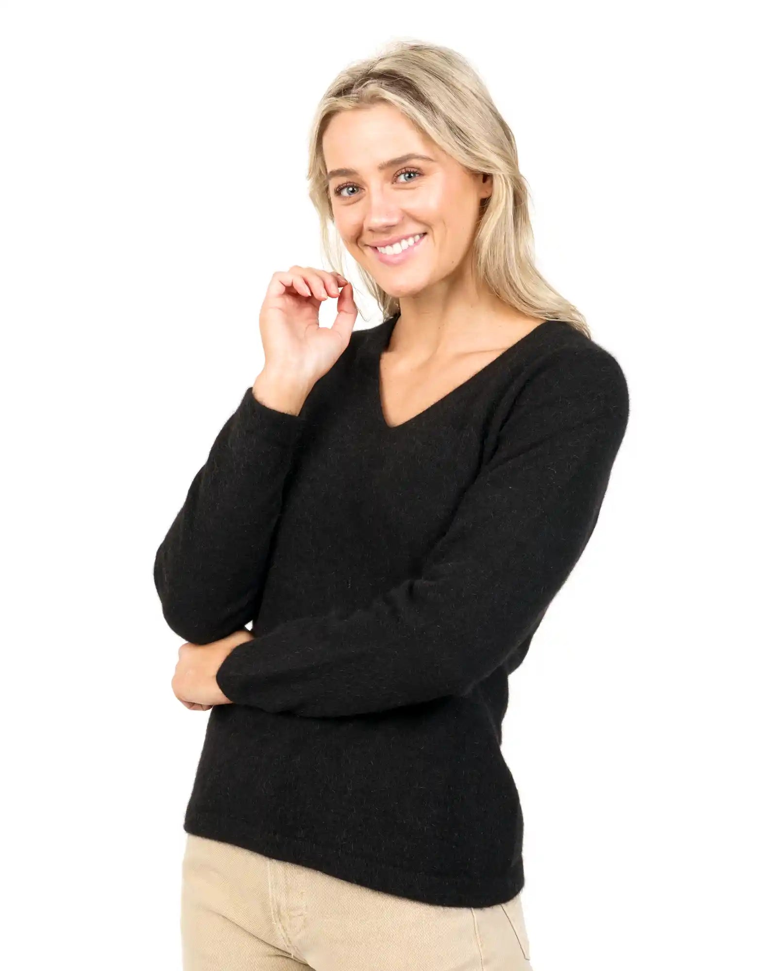 Black Women's Vee-Neck Merino Wool Sweater - NB396 Fleece Fabric Down Fabric Feather Fabric Black Women's Vee-Neck Merino Wool Sweater - NB396 Fleece Fabric Down Fabric Feather Fabric