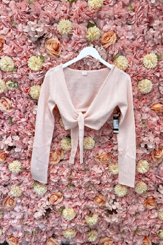 Crop Tie Front Sweater - Light Pink Welt Pockets Slit Pockets Flap Pockets