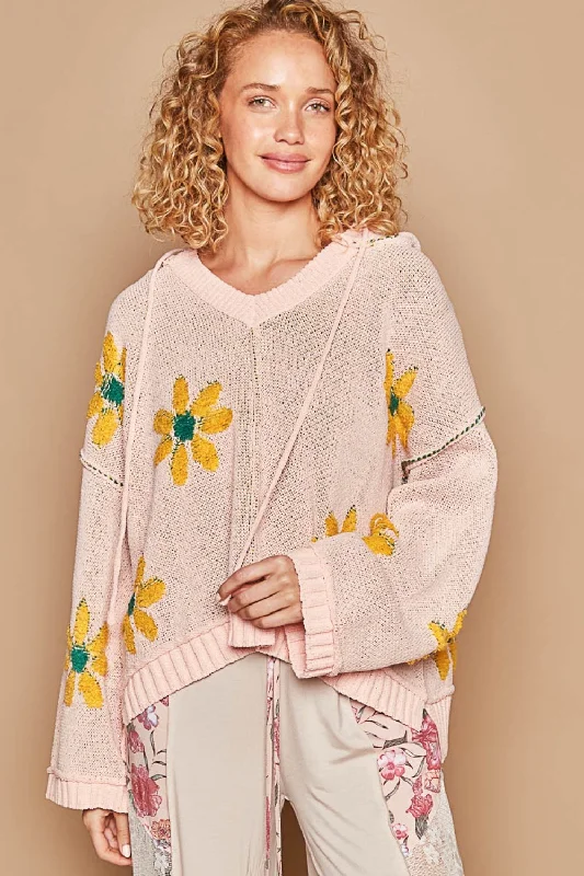 POL Floral Pattern Hooded High-Low Sweater Chenille Blend Fleece Blend Nylon Blend