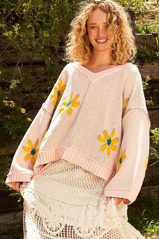 POL V-Neck Floral Pattern Chenille Sweater Cashmere Blend Cotton Blend Poly Blend