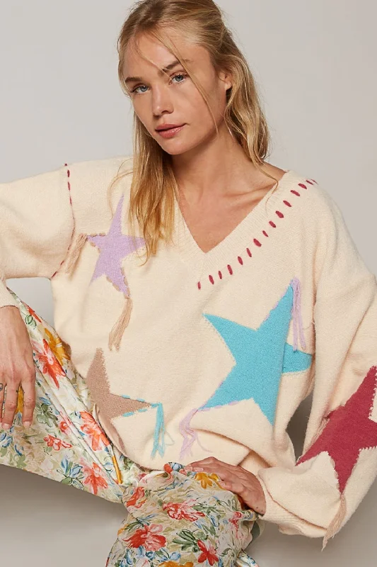 POL V-Neck Long Sleeve Star Fringe Sweater Spandex Blend Rayon Blend Denim Blend