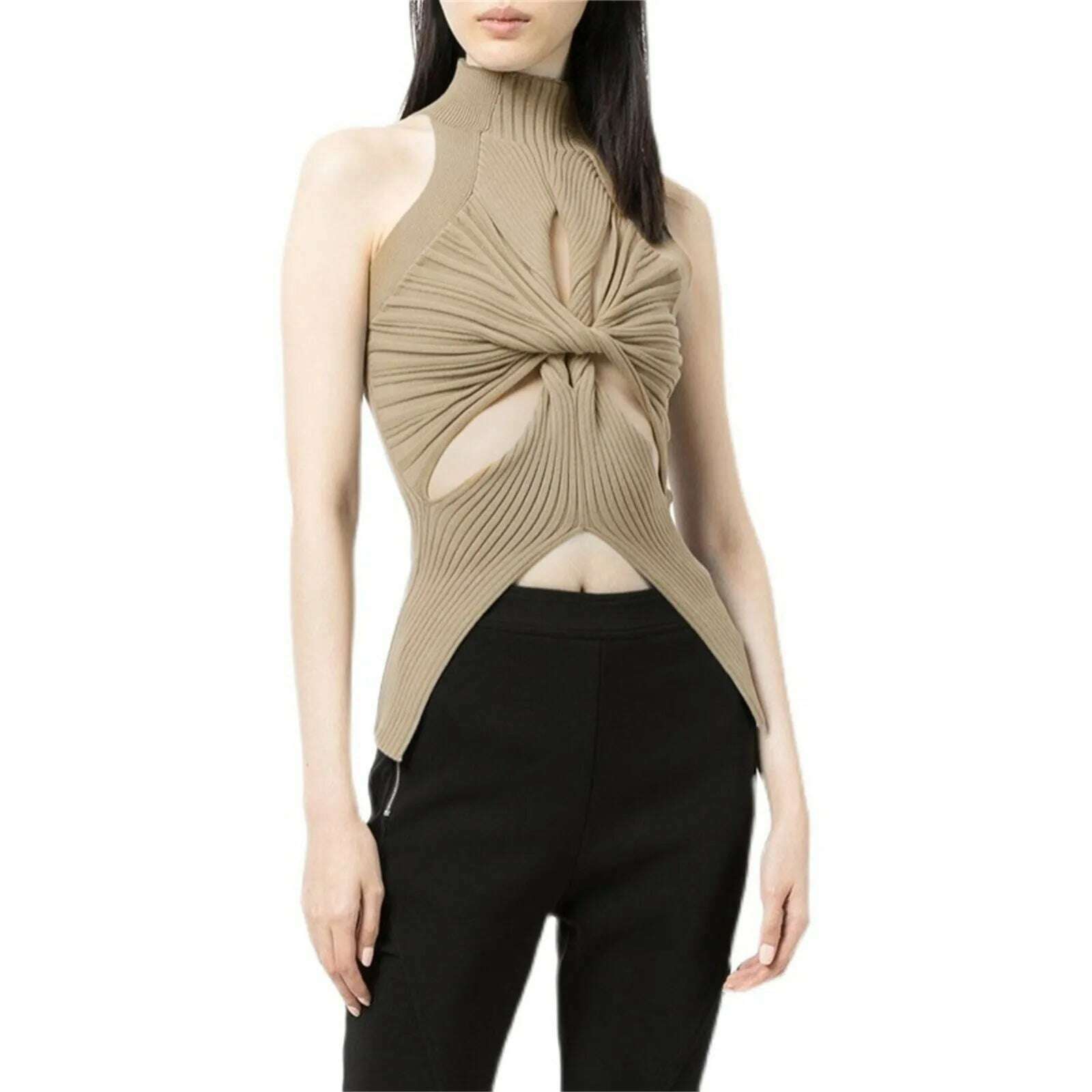 Sleeveless High Neck Cut Out Sweater Vest Knit Vests Women Fashion For Women Sexy Hollow Out Twist Front Knitted Tank Tops Houndstooth Herringbone Solid