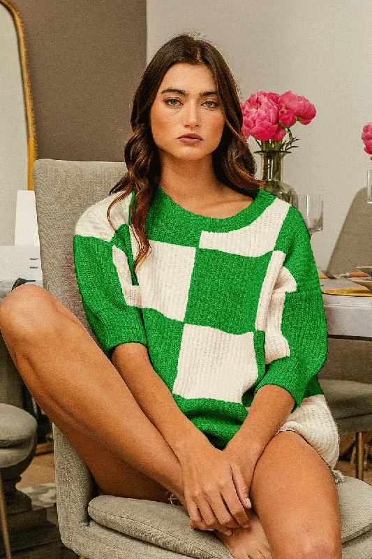 BiBi Checkered Contrast Round Neck Sweater Graphic Sweater Embroidered Appliqued