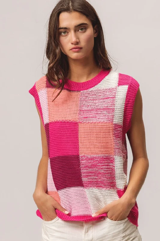BiBi Color Block Round Neck Sweater Vest Real Fur Shearling Chenille