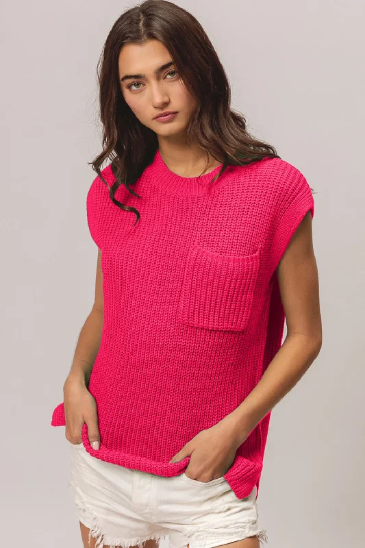 BiBi Patch Pocket Cap Sleeve Sweater Top Long Sweater Short Sweater Cropped Sweater