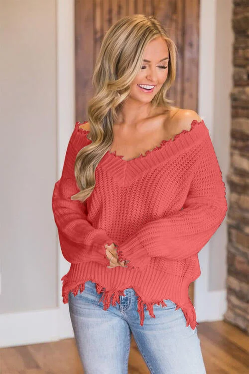 Frayed Hem Dropped Shoulder Sweater Hooded Sweater Collared Sweater Shawl Collar