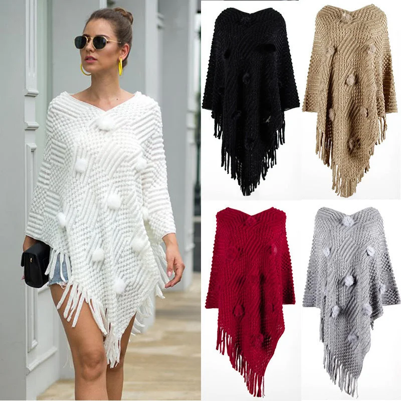 Fringed Cloak Shawl Hair Ball Solid Color Sweater Fitted Slim Tailored