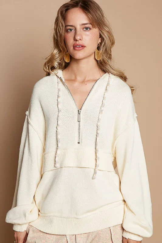 POL Half Zip Drop Shoulder Hooded Sweater Mesh Fabric Canvas Fabric Denim Fabric