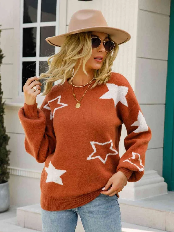 Star Round Neck Long Sleeve Sweater Cable Knit Ribbed Knit Lace Knit