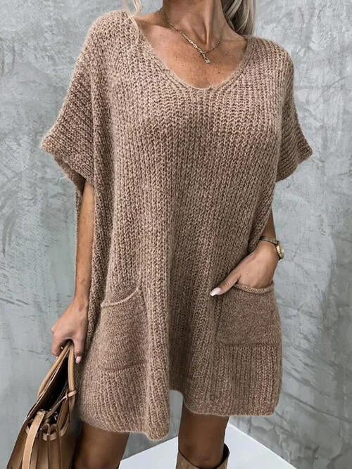 V-Neck Short Sleeve Sweater with Pockets Turtle Neck Boat Neck Asymmetrical Neck