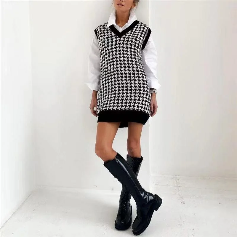 Women's Mid-length Sweater Loose Houndstooth V-neck Knit Sweater Vest Women Hooded Caped Shawl Collar